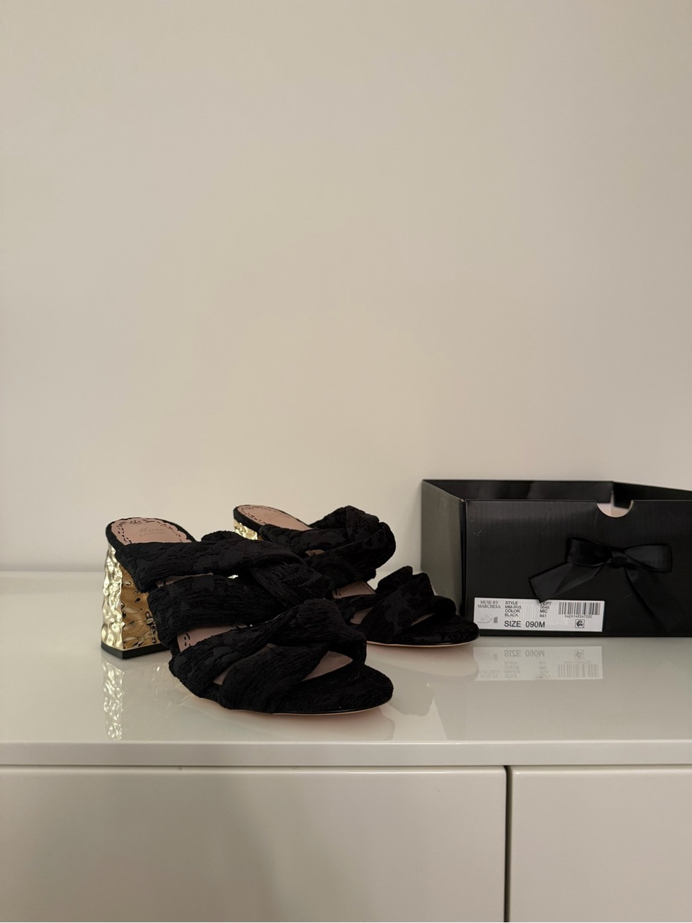 New Marchesa Black Knotted Mules with Gold Textured Block Heel